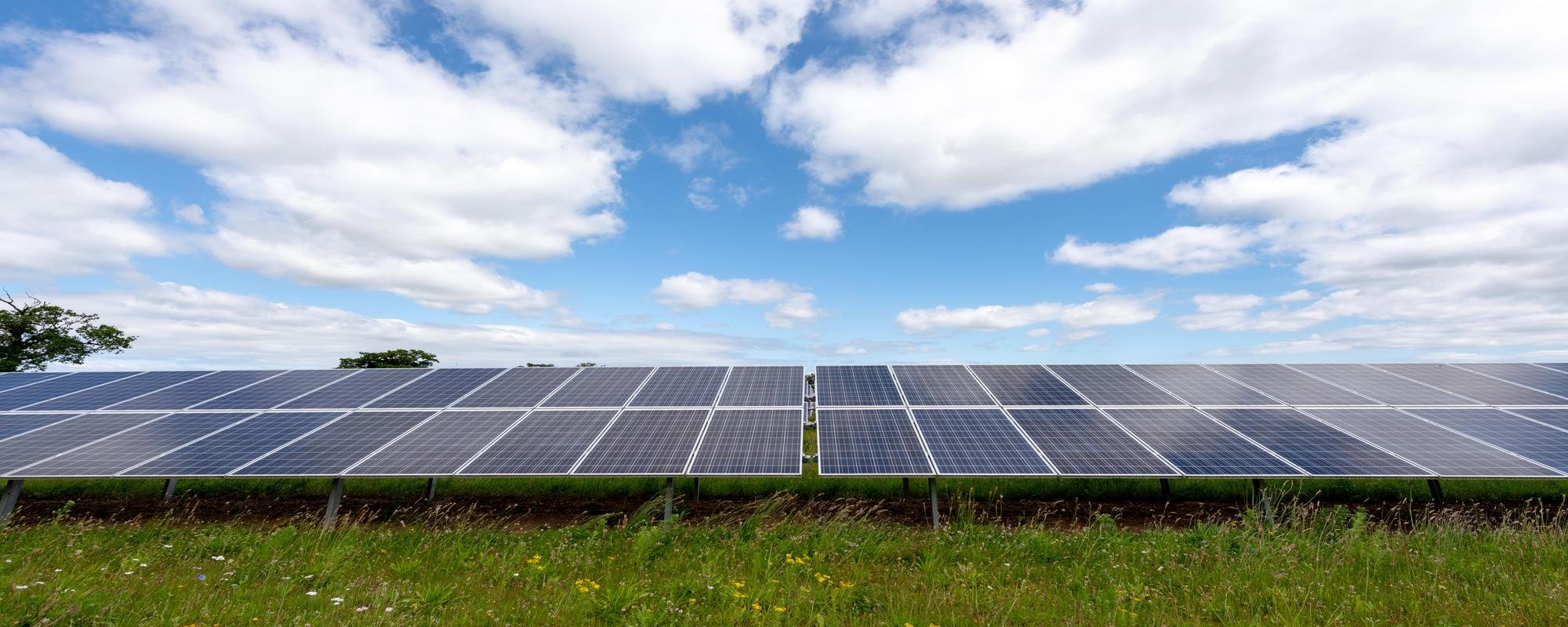 A vast field of solar panels set against a bright blue sky with fluffy white clouds, showcasing the potential of renewable energy.
