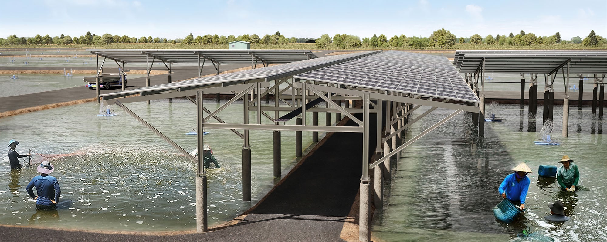 Aquavoltaics project with solar panels mounted over a water body, demonstrating solar power integration with aquaculture and fishing.
