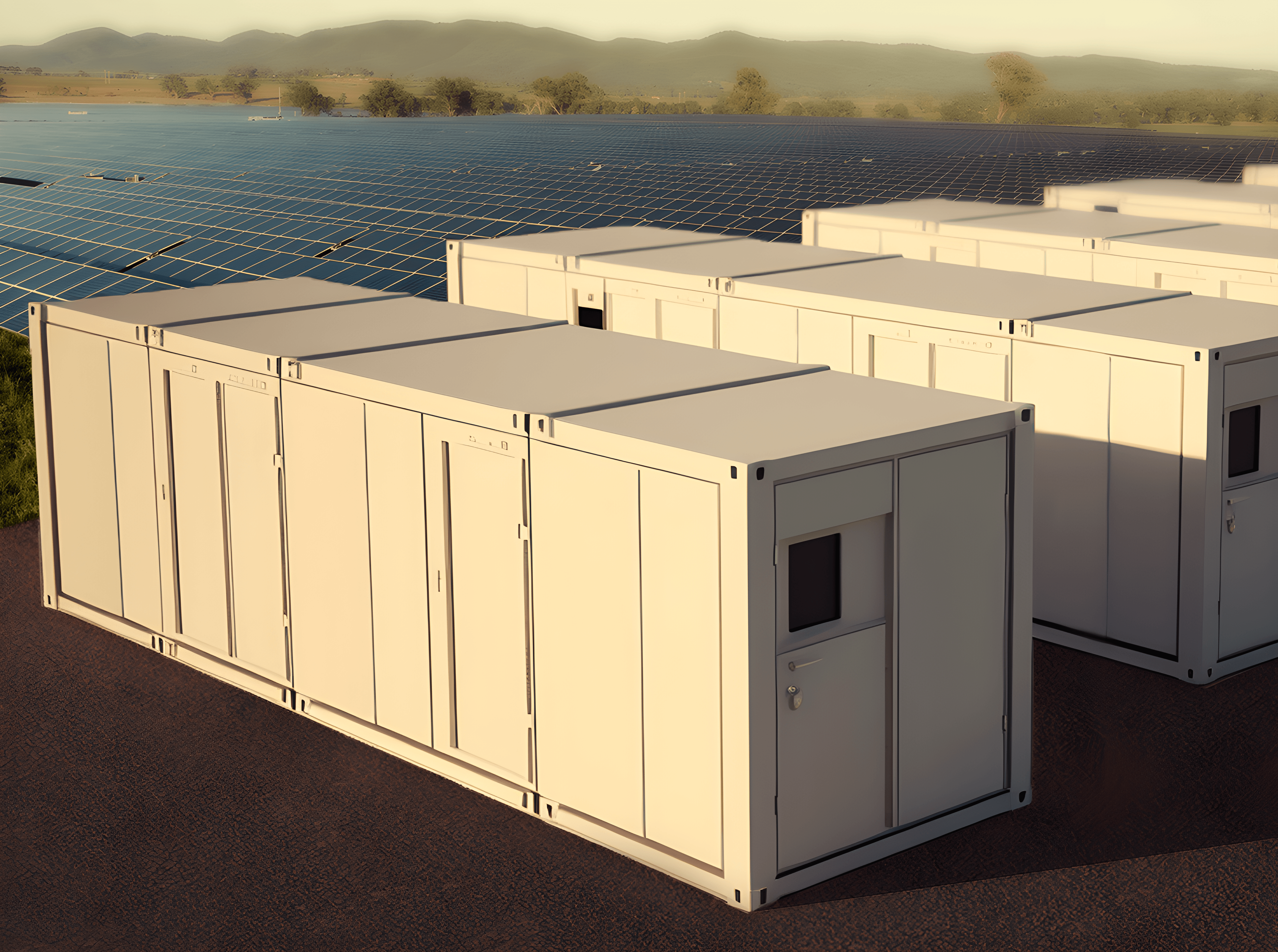 Integrated solar power and battery storage infrastructure, showing BESS units in the foreground and PV array behind.