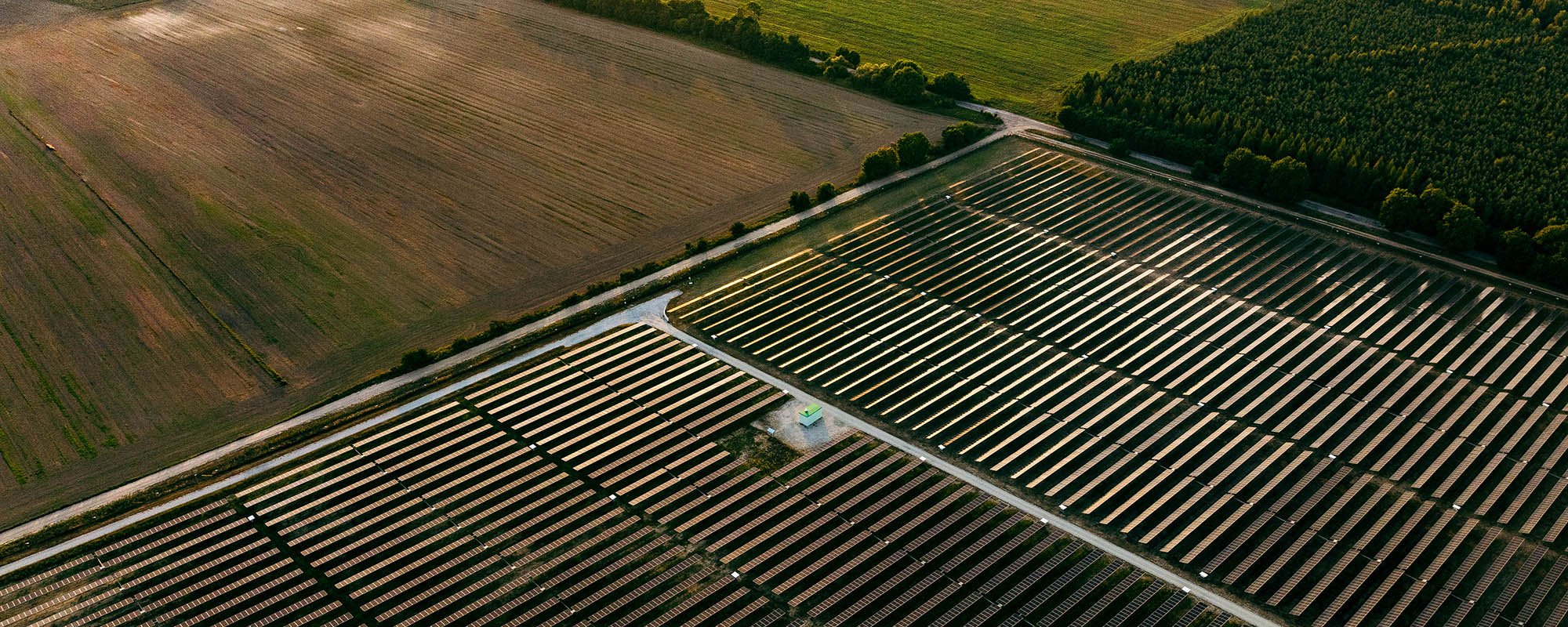 Vast solar power plant at sunset, showing the large scale of ground-mounted solar energy generation and its integration into the surrounding farmland.