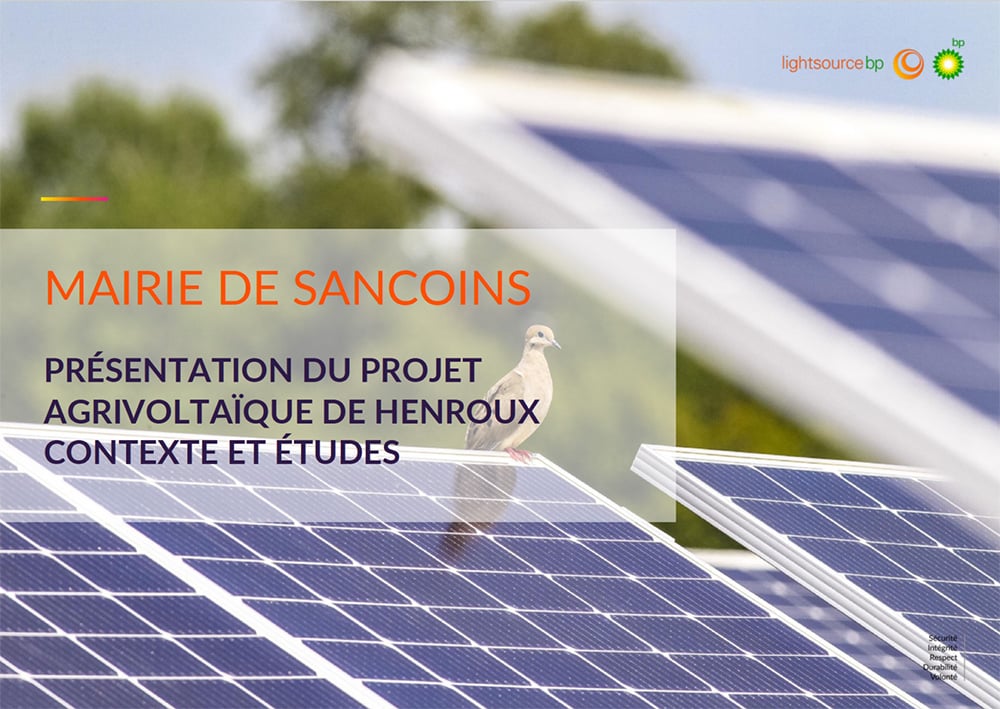 Lightsource bp presentation on the Henroux Agrivoltaic Project with a bird on a PV panel in the foreground.