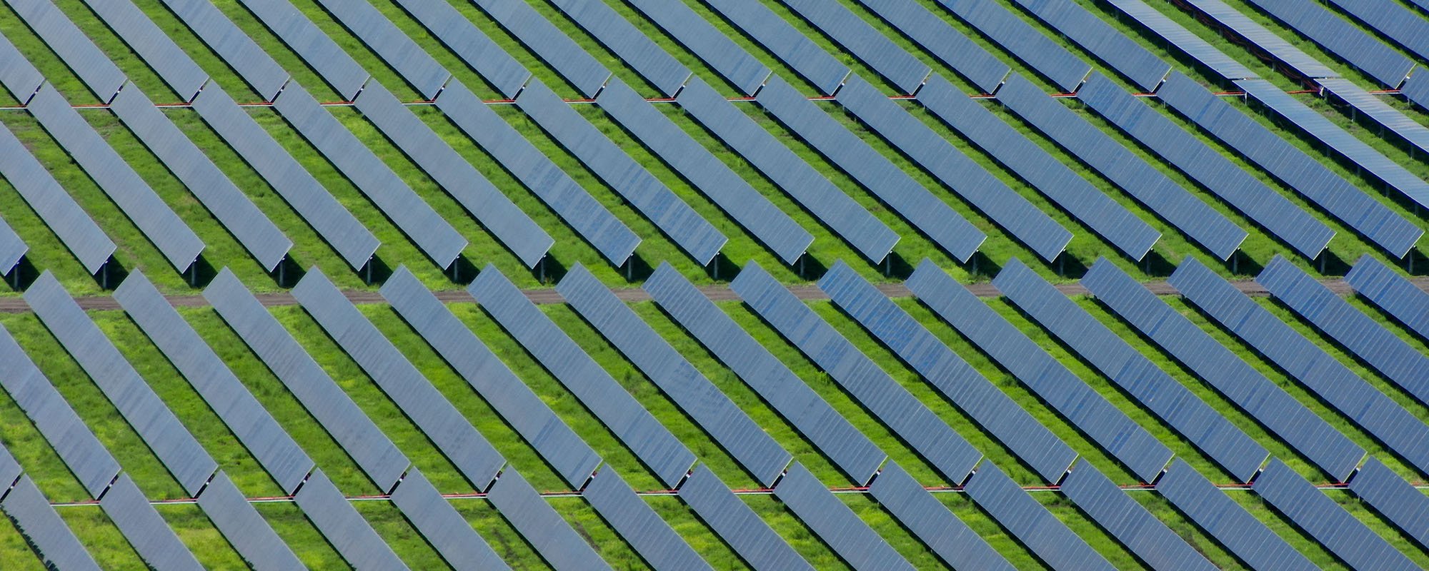 Aerial view of the Lightsource bp Second Division Solar project in Texas, part of their US Projects portfolio — rows of panels create a geometric pattern over green grass under bright sunlight.