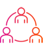 Simple icon representing a team of three people, connected by a circular line, symbolizing collaboration and unity