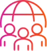 A globe icon hovering over three people, symbolizing global community or international collaboration