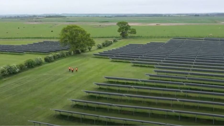 An aerial view of a large solar farm with rows of solar panels. A group of people are walking on a path through the field