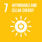 UN Sustainable Development Goal 7 icon: Affordable and Clean Energy, featuring a yellow square with white sun and power button symbol