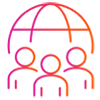 A globe icon hovering over three people, symbolizing global community or international collaboration