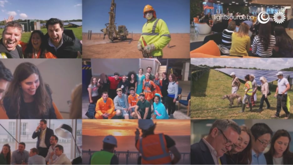 Collage of various people working in outdoor and office settings, including construction, solar panels, and group meetings.