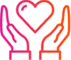 Icon representing healthcare or medical support, with stylized hands holding a heart.