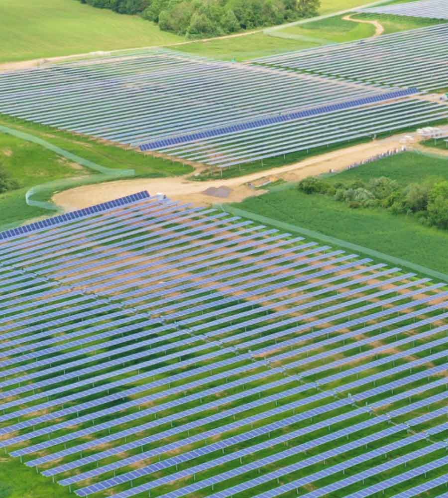Sustainable energy landscape: Solar farm seamlessly integrated with a forested area, showcasing the harmony of renewable energy and nature.