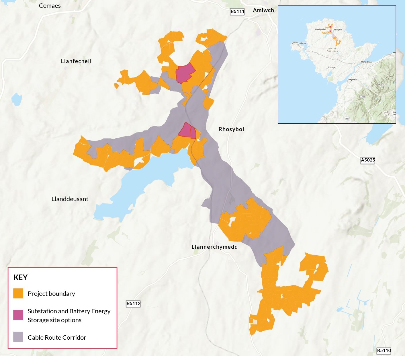 Geographic map of the Lightsource bp Maen Hir Solar and Energy Storage project area in North Wales, highlighting key elements: orange = project boundary, magenta = potential substation and battery energy storage sites, grey = cable route corridor. The inset shows the location within Anglesey and Gwynedd. As a UK Projects initiative, this map illustrates the spatial planning and infrastructure integration for this large-scale renewable development.