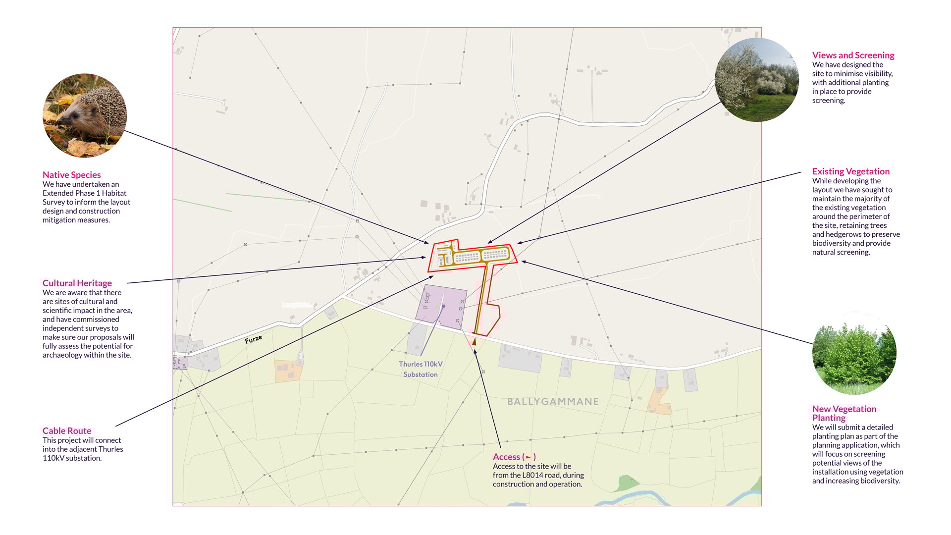 Ballygammane solar site layout with Thurles Substation connection, including notes on Phase 1 Habitat Survey and archaeology assessment.