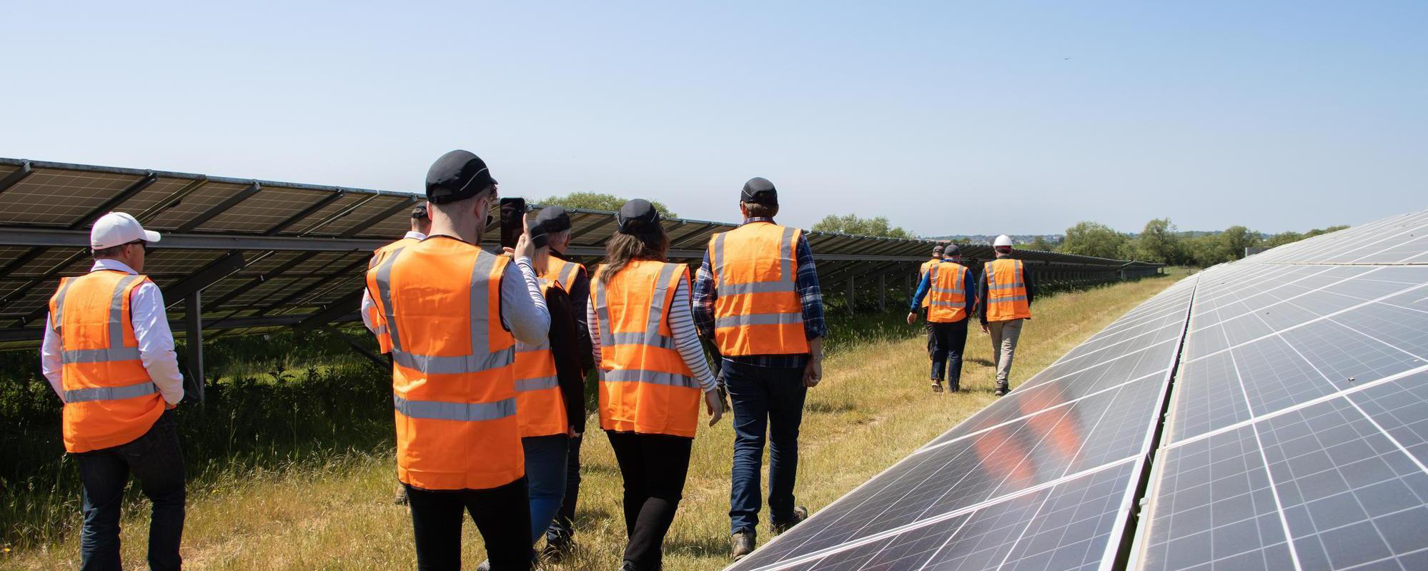 Group of people in hi vis vests walking between solar panels