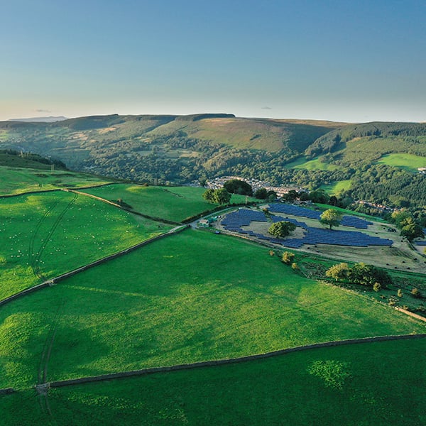 Aerial shot of a solar farm in the Welsh countryside