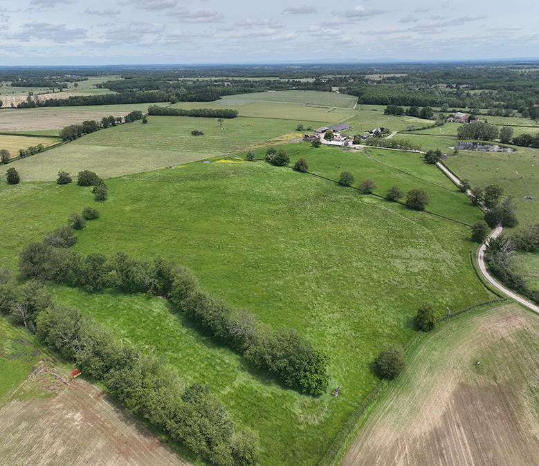An aerial view of a patchwork of green fields and farmland under a partly cloudy sky.

