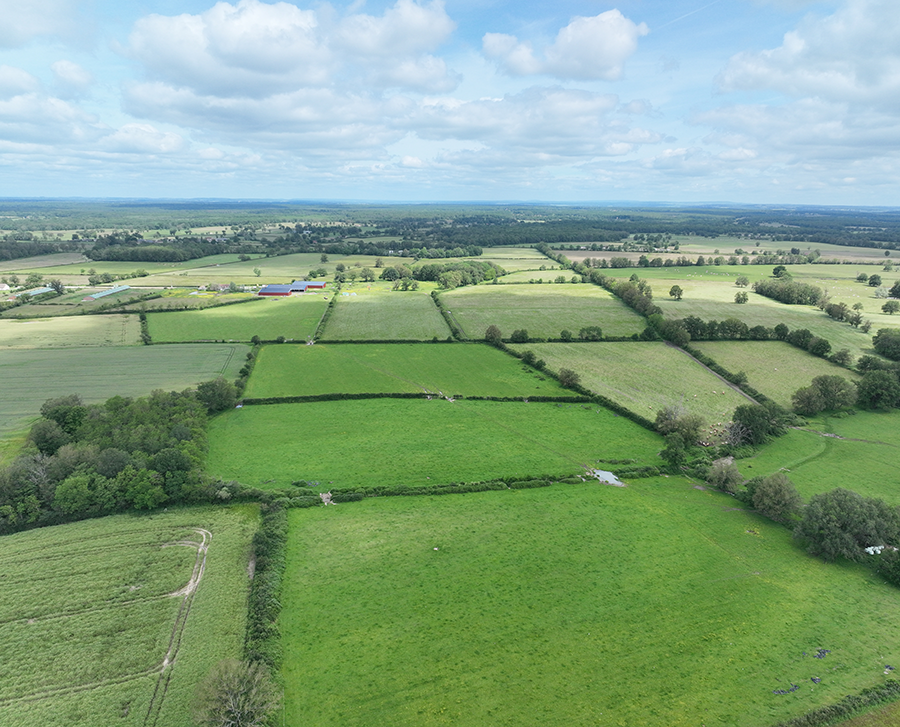 An aerial view of a patchwork of green fields and farmland under a partly cloudy sky.

