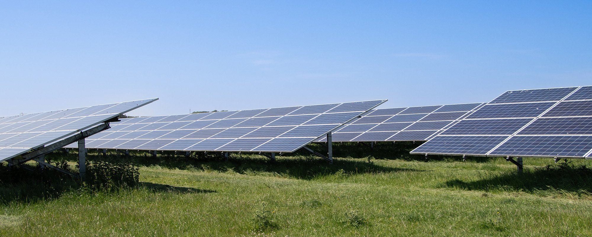 Rows of solar panels at a Lightsource bp solar project, installed across green grass under a clear blue sky.