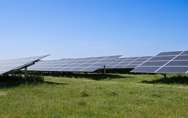 Wide-angle view of rows of solar panels at a Lightsource bp solar project, stretching across vibrant green fields under a brilliant blue sky. The installation is framed by distant trees and hedgerows, symbolizing how renewable energy infrastructure can be thoughtfully integrated into rural landscapes.