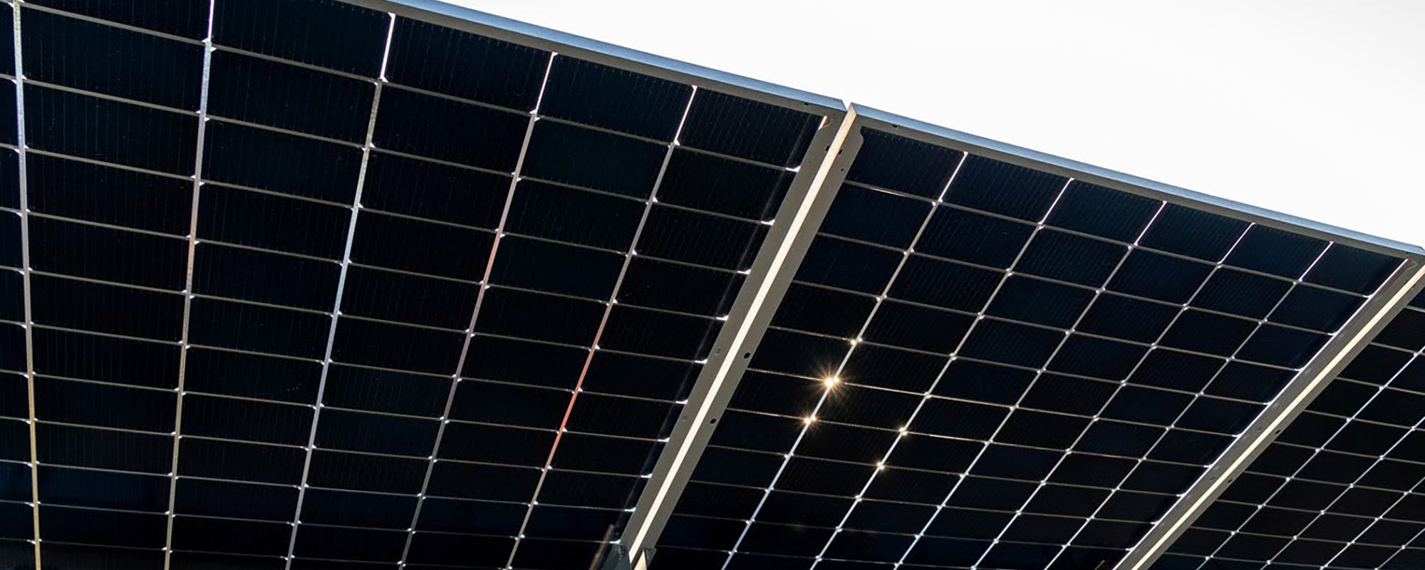 Close-up of solar panels at a Lightsource bp solar project, showing the grid pattern and metal framing under bright sunlight.