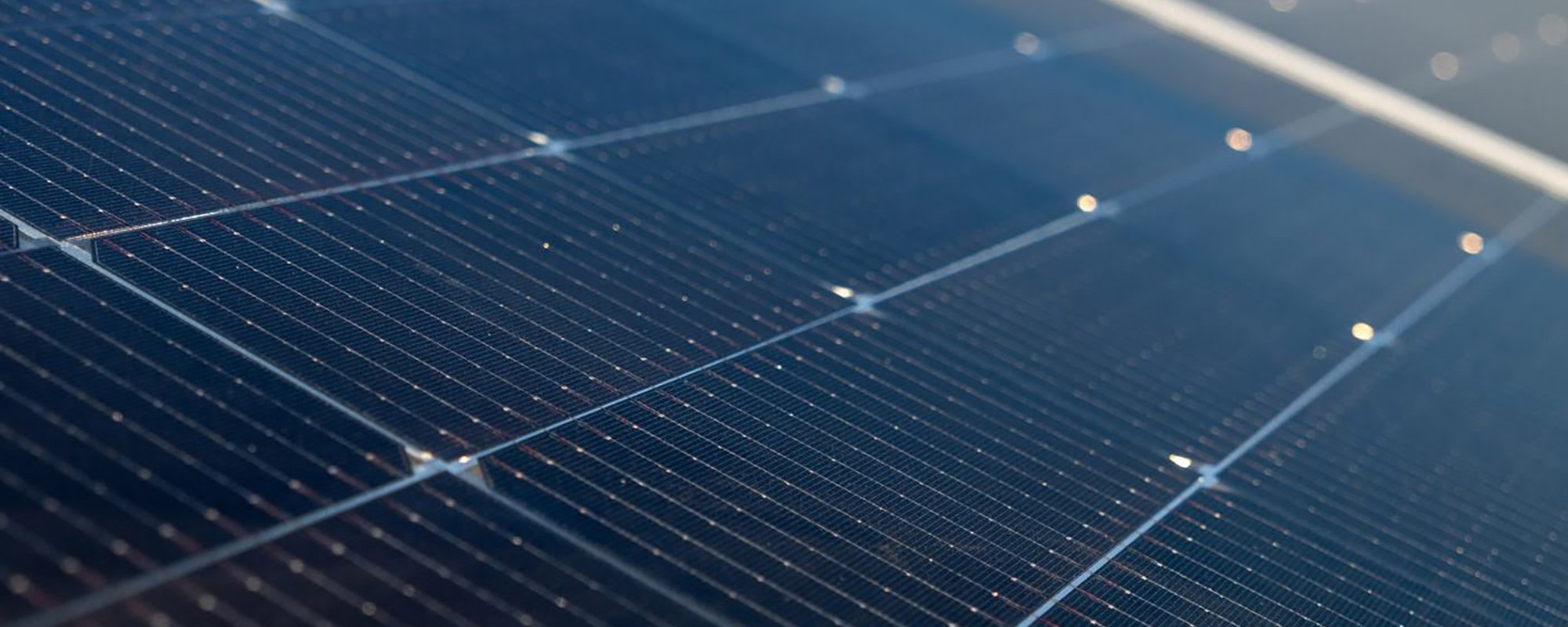Close-up of solar panels installed on a solar farm, generating renewable energy from sunlight.