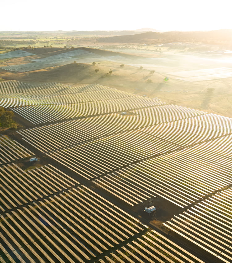A vast solar farm spread across rolling hills bathed in soft morning sunlight and light mist.