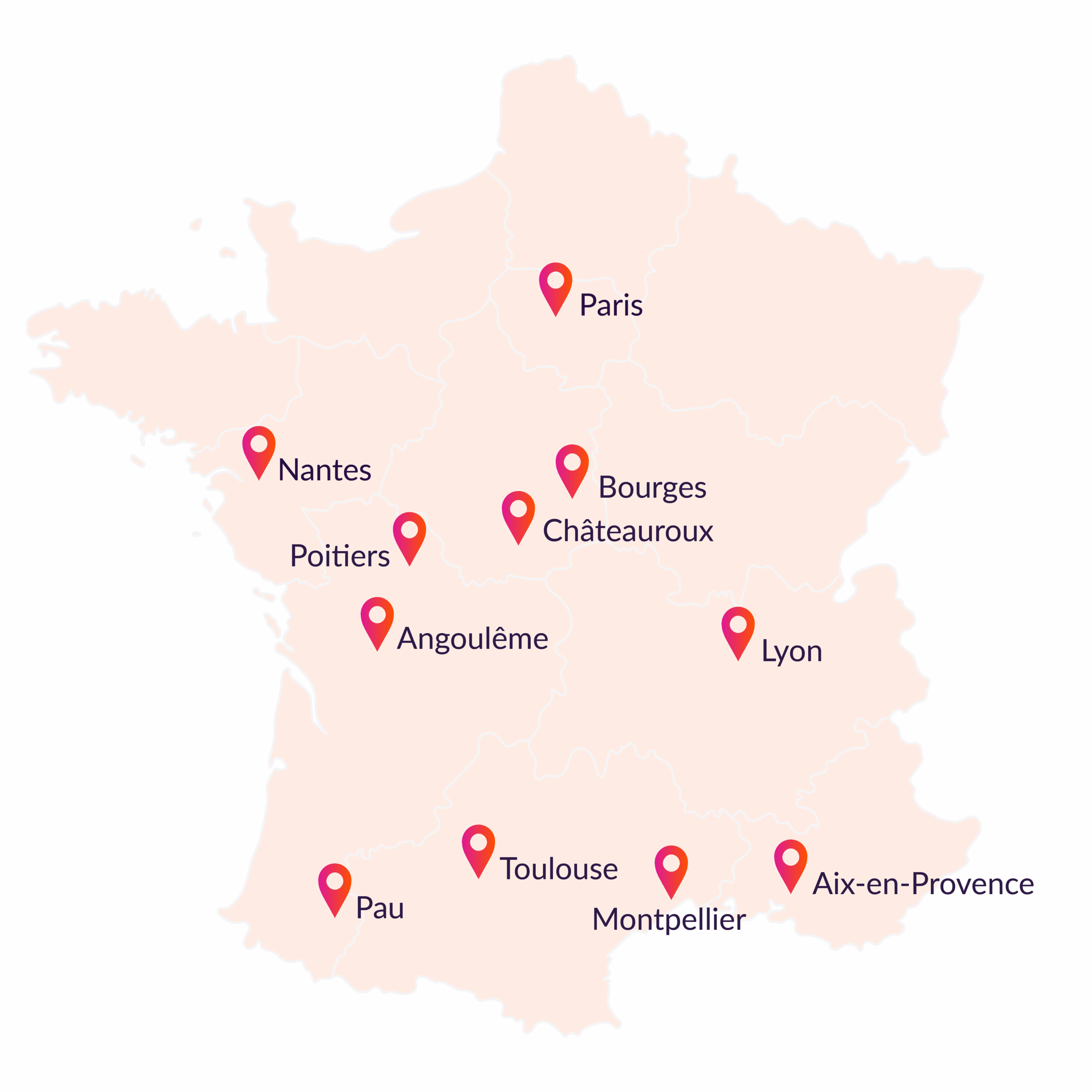 Map of France highlighting several major cities including Paris, Lyon, Toulouse, and Montpellier.