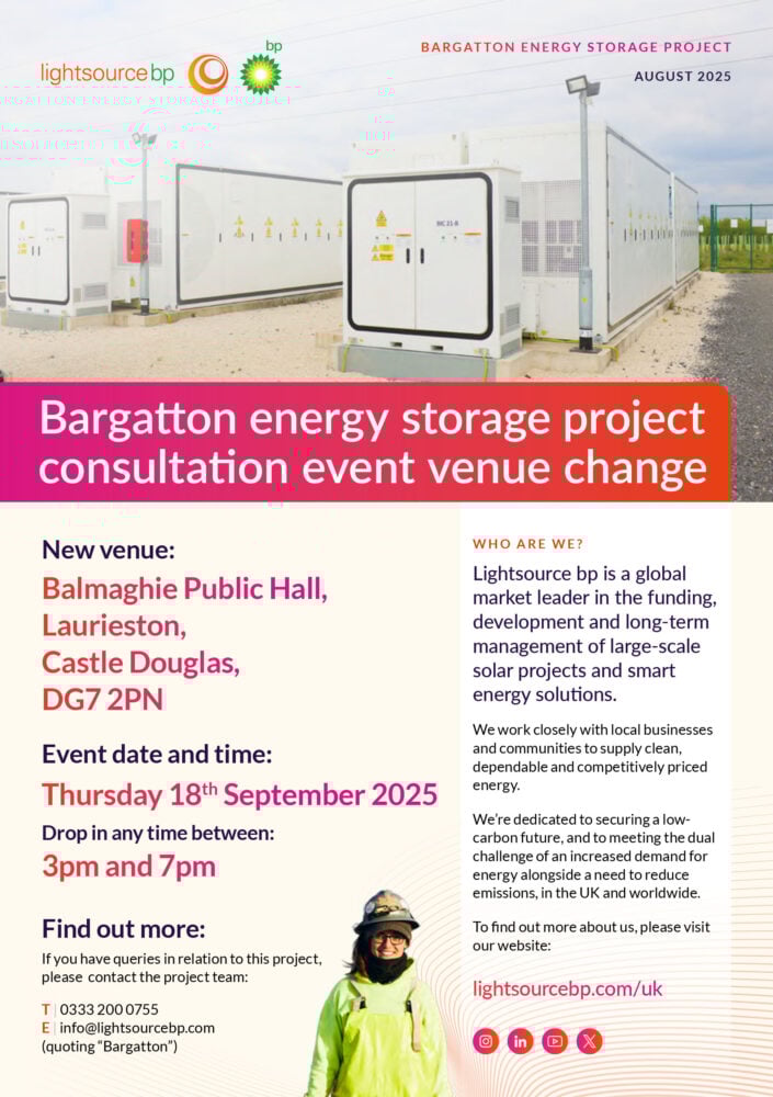 Community consultation notice from Lightsource bp UK Projects for the Bargatton Energy Storage Project. The flyer announces a venue change to Balmaghie Public Hall in Laurieston (DG7 2PN), with drop-in hours from 3–7pm on Thursday 18th September 2025. It includes contact details, company background as a global leader in large-scale solar and smart energy, and a photo of a smiling team member in safety gear, reflecting transparent, community-focused engagement.
