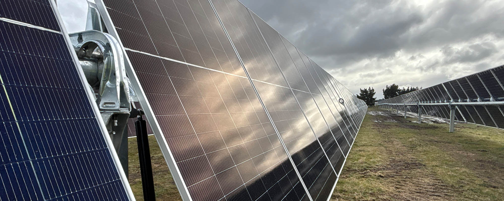 Close up on shiny solar panels, reflecting the clouds. The first row to be built at Kowhai Park