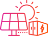Stylised pink and orange icon showing a sun, a solar panel, and a battery, symbolising solar energy and energy storage.