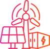 Stylised pink and orange icon featuring a solar panel, a wind turbine, and a battery, representing renewable energy sources and energy storage.